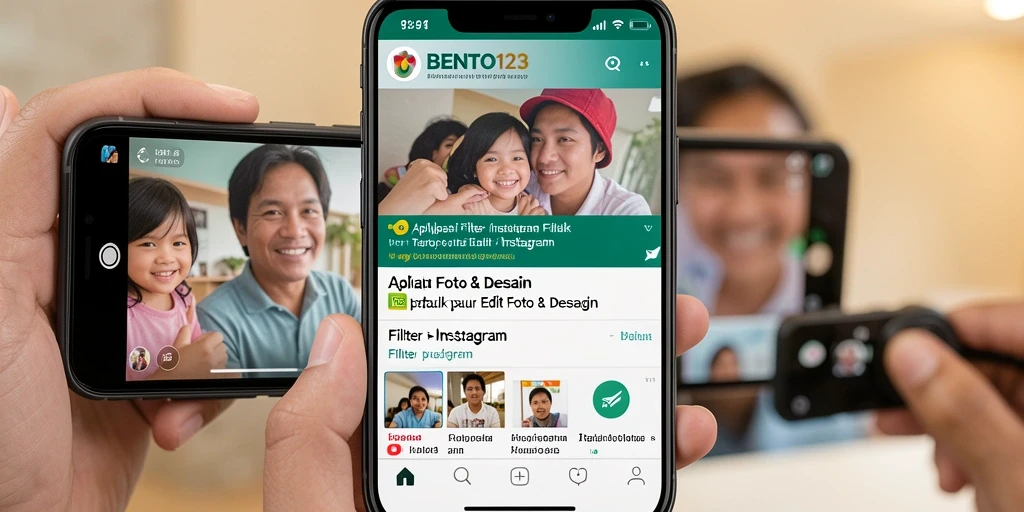 Antarmuka pengguna BENTO123 dengan berbagai fitur filter Instagram.