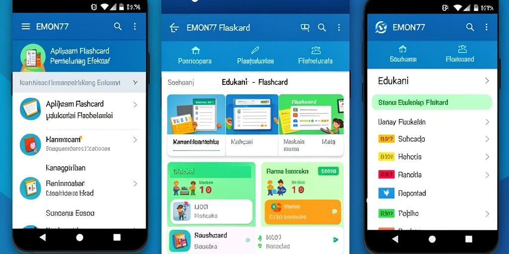 Antarmuka intuitif aplikas Flashcard EMON77 siap membantu pembelajaran.