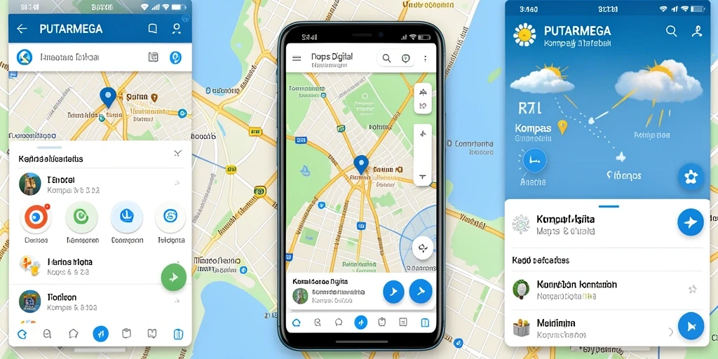 Antarmuka aplikasi PUTARMEGA menampilkan kompas digital dan peta interaktif.