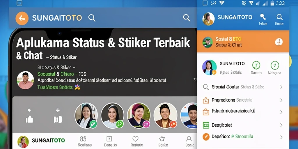 Antarmuka SUNGAITOTO menampilkan stiker dan status yang menarik.